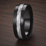 The Nightforge | Black Titanium Wedding Ring with Hammered Centre Inlay