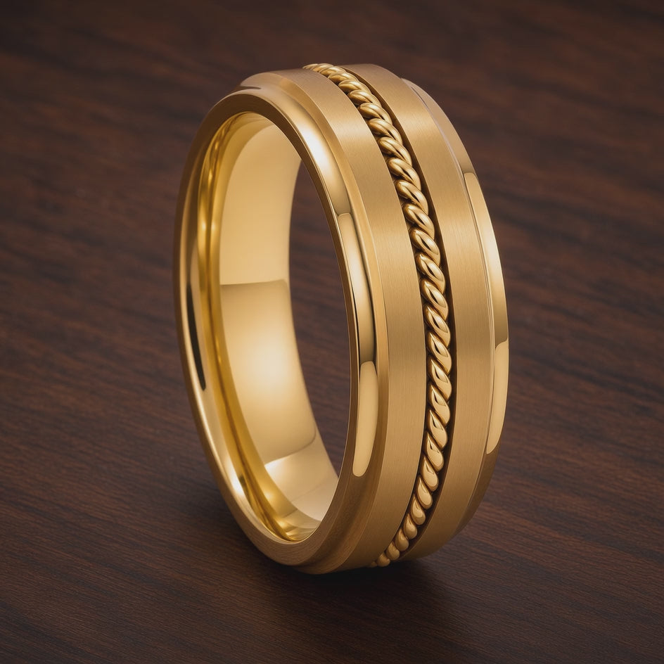 The Sovereign | Gold Titanium Wedding Ring with Twisted Rope Centre Detail