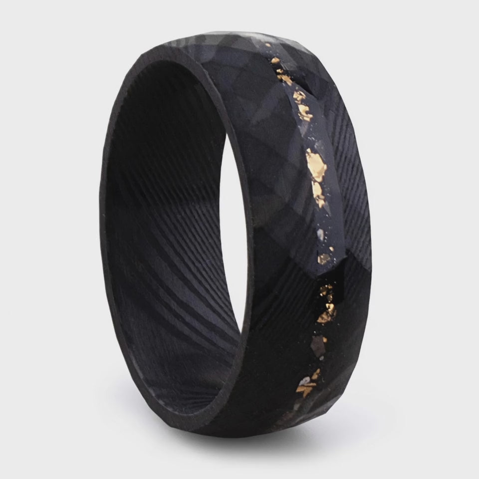 The Imperial Ember | Damascus Ring with Genuine Meteorite & Gold Inlay | 6mm, 8mm