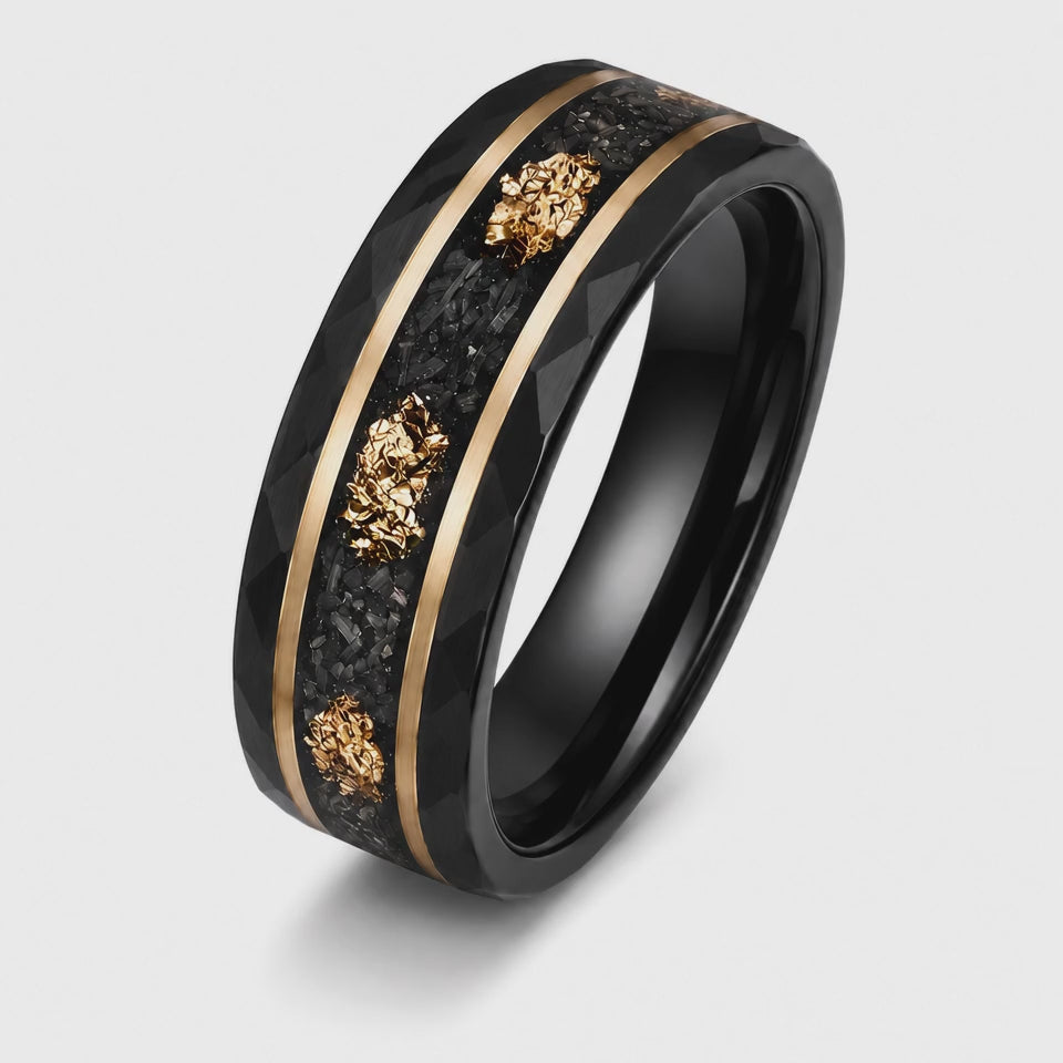 The Dynasty Couples Set | Black Faceted Tungsten Wedding Rings with Genuine Meteorite & 24K Gold Leaf Inlay