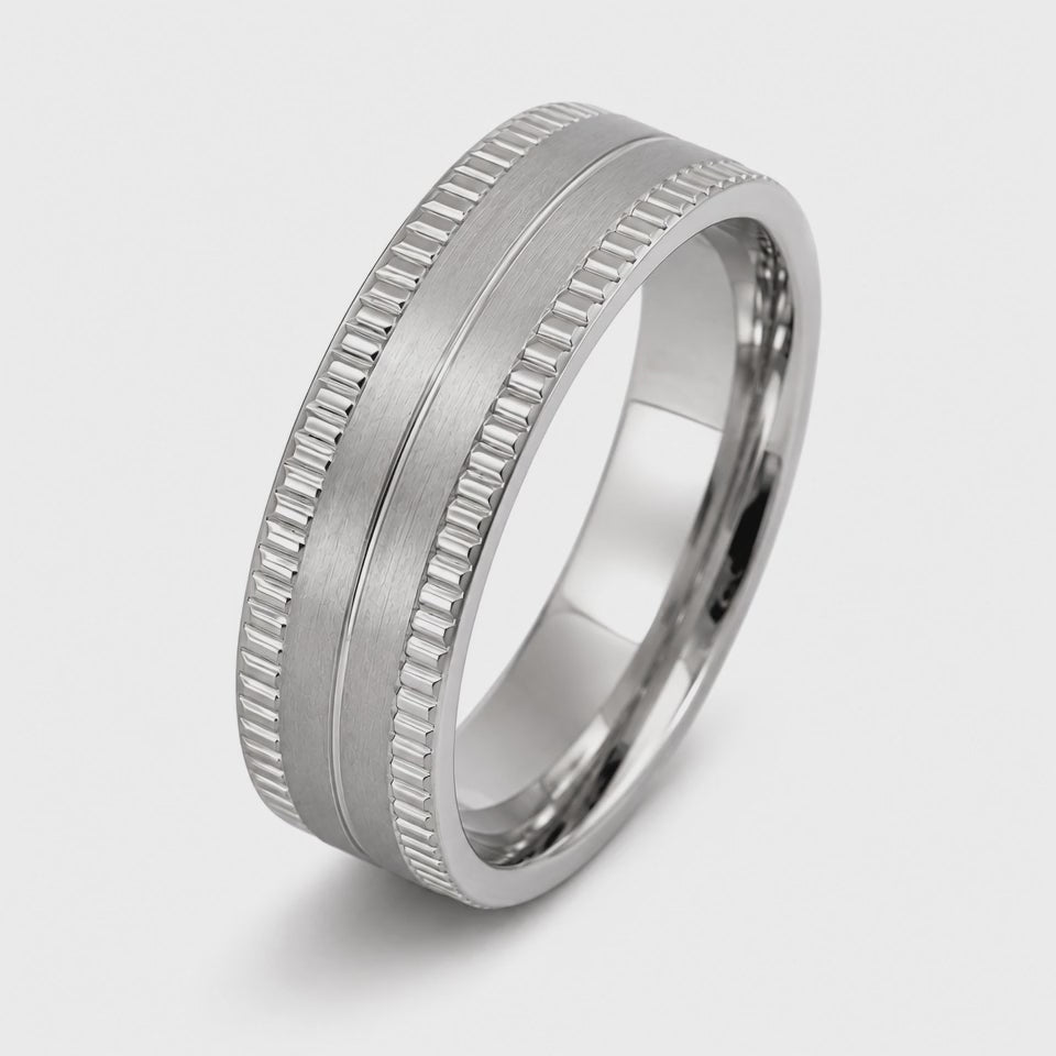The Westbrook | Silver Titanium Wedding Ring with Milgrain Edges & Centre Groove