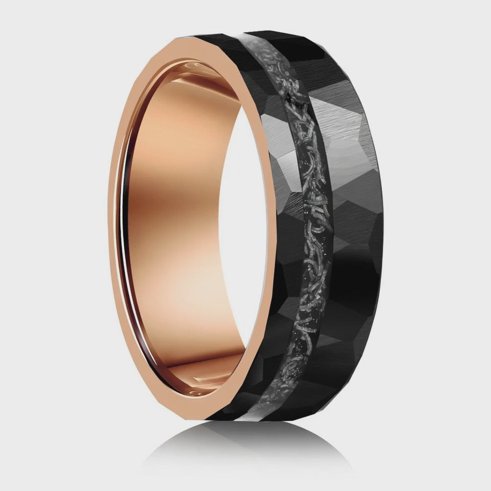 The Eclipse Noir | Black Tungsten Carbide Ring with 18K Gold Plating & Genuine Meteorite Inlay | 8mm
