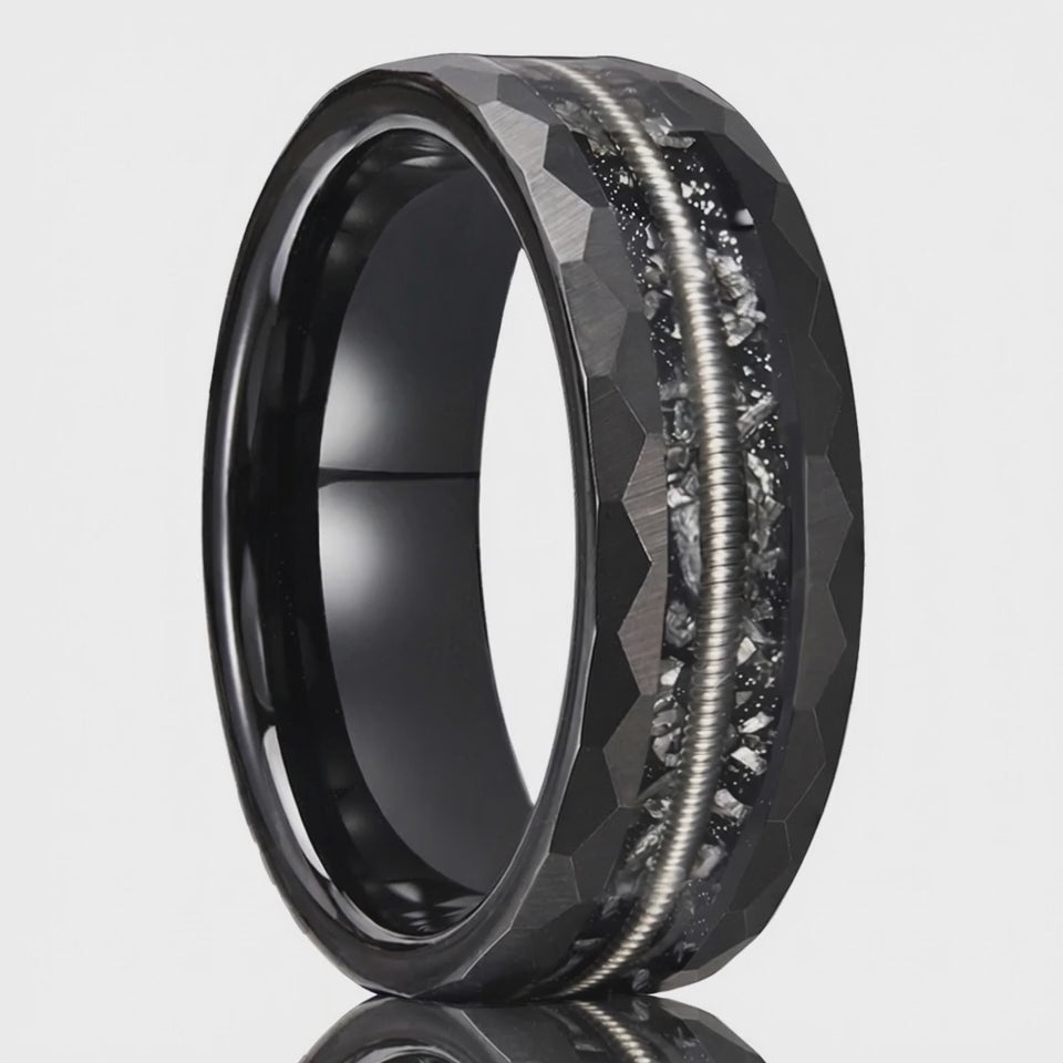 The Onyx | Black Tungsten Wedding Band with Guitar String Inlay, Classic Groove & Hammered Finish | 8mm