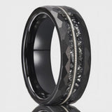 The Onyx | Black Tungsten Wedding Band with Guitar String Inlay, Classic Groove & Hammered Finish | 8mm
