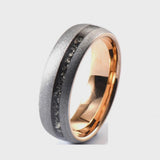 The Eventide| Blasted Tungsten Ring with Meteorite Inlay & 18K Rose Gold Interior | 8mm