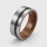 The Gentleman | Silver Whiskey Barrel Wood Ring with Black Inlay | 8mm