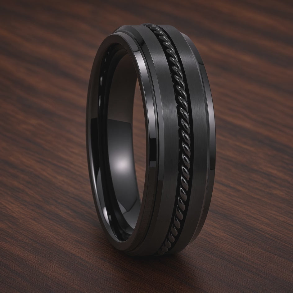 The Sovereign Black | Titanium Wedding Ring with Twisted Rope Centre Detail
