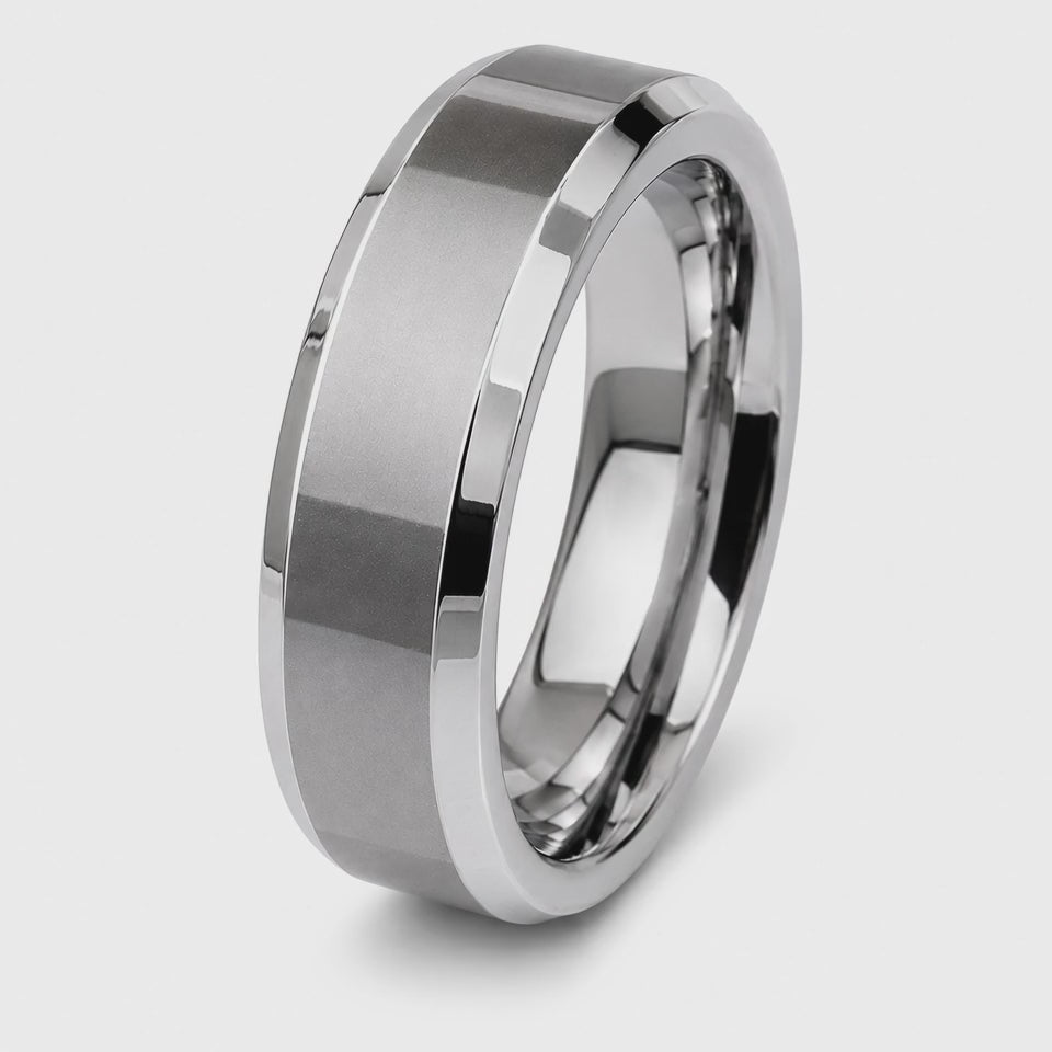 The Harrington | Silver Tungsten Wedding Ring with Polished Bevelled Edges