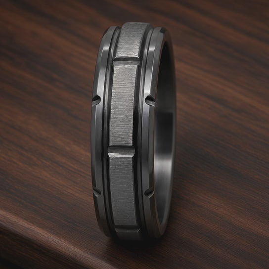 The Blackridge | Black Titanium Wedding Ring with Faceted Centre & Precision Groove Detailing