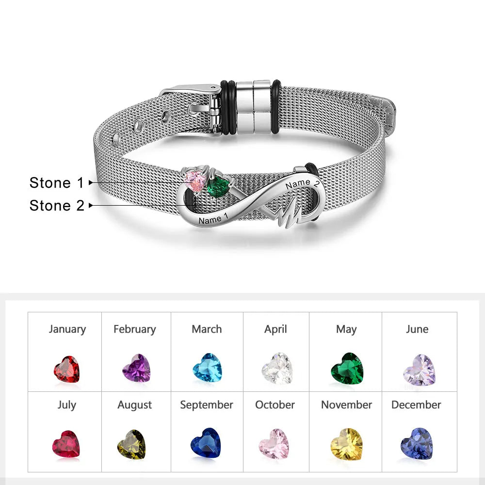 Personalized Engraveable Birthstone Infinity Unisex Adjustable Metallic Chain Wristband Bracelet - Abrahamallen