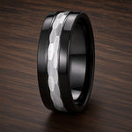 The Nightforge | Black Titanium Wedding Ring with Hammered Centre Inlay
