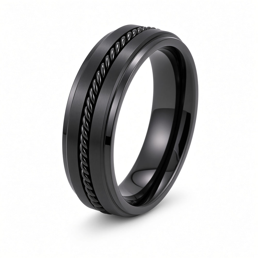 The Sovereign Black | Titanium Wedding Ring with Twisted Rope Centre Detail