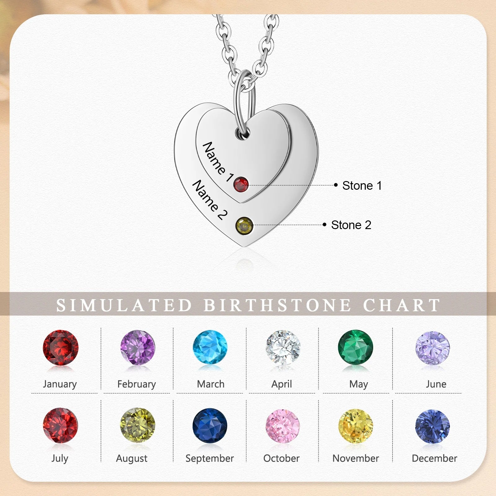 Customized Engraveable 2-3 Names and Birthstone Pendant Necklace - Abrahamallen