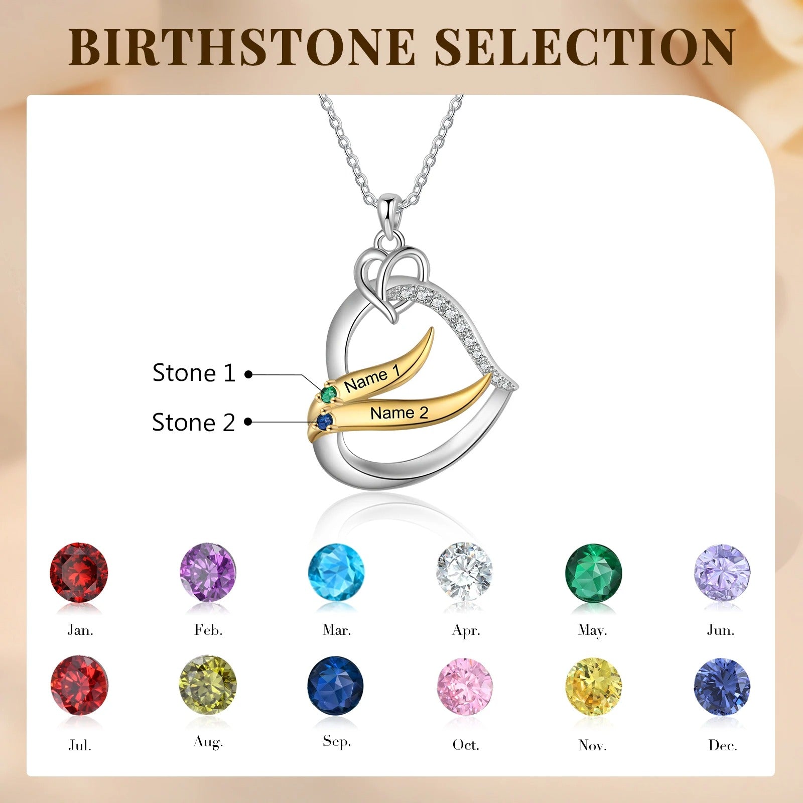 Birthstone Customized Engraveable Name Heart Pendant Necklace - Abrahamallen