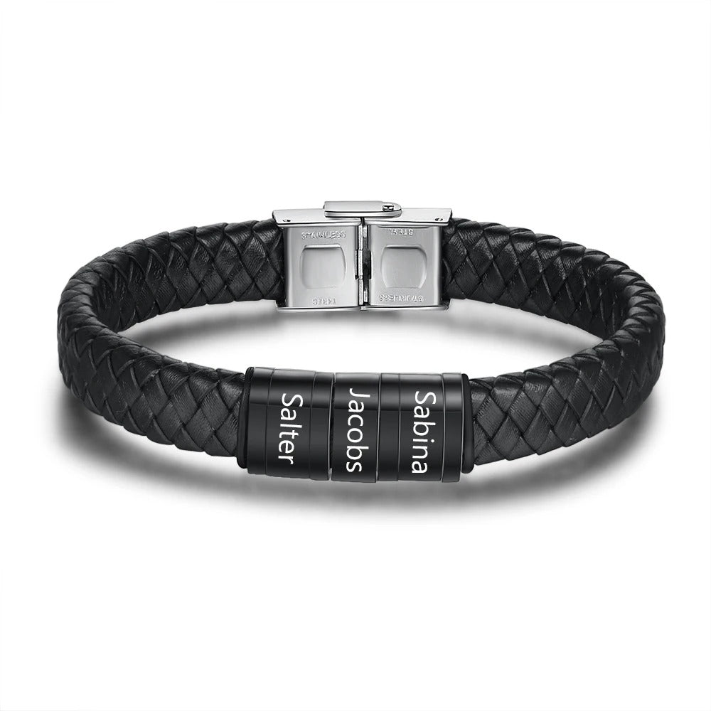 Personalized Engraveable Name Leather Stainless Black And Steel Color Braided Bracelets - Abrahamallen