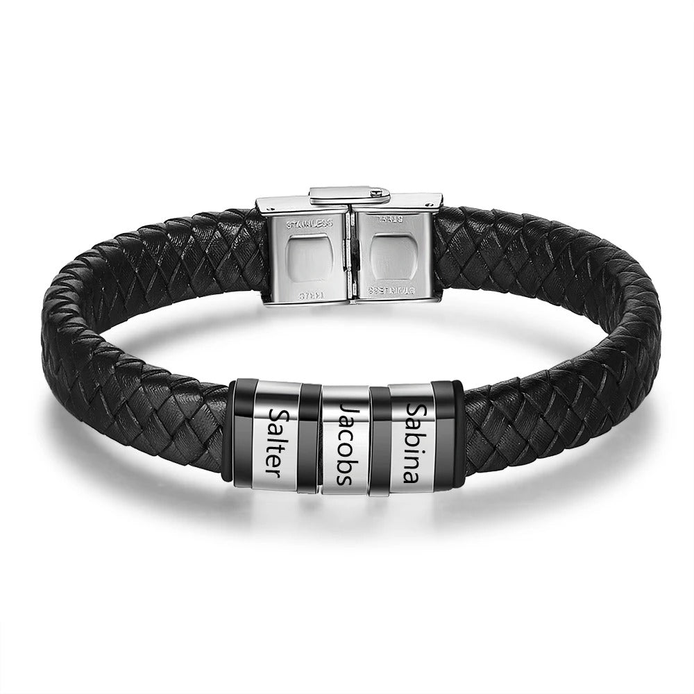 Personalized Engraveable Name Leather Stainless Black And Steel Color Braided Bracelets - Abrahamallen