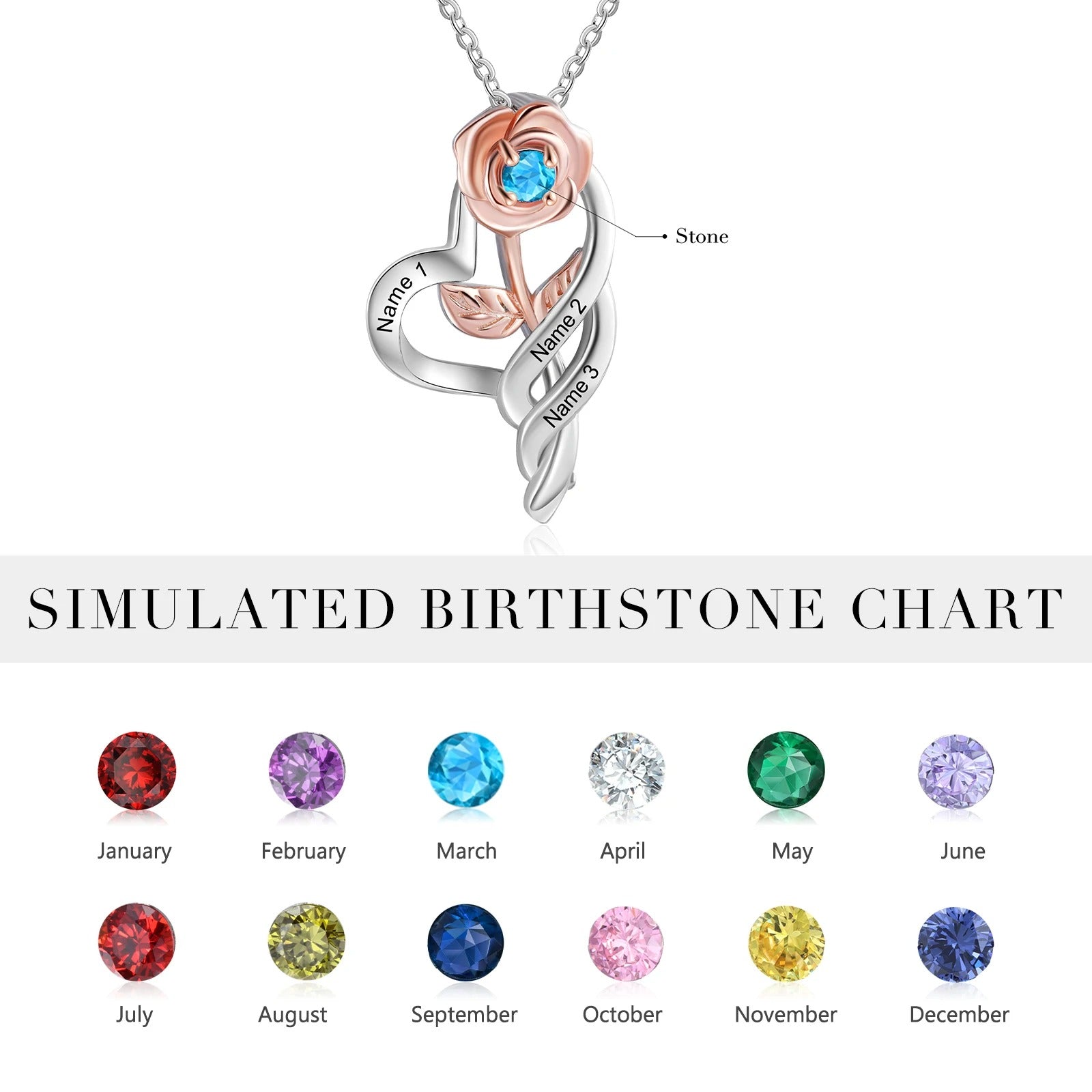 Birthstone Flower Engraveable Name Pendant Necklace - Abrahamallen