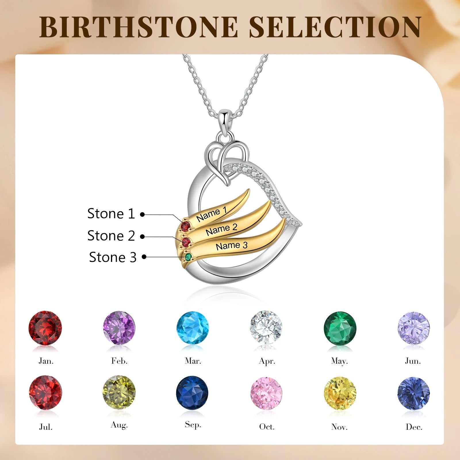 Birthstone Customized Engraveable Name Heart Pendant Necklace - Abrahamallen