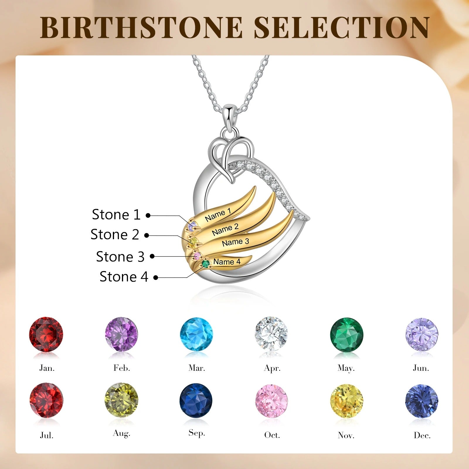 Birthstone Customized Engraveable Name Heart Pendant Necklace - Abrahamallen