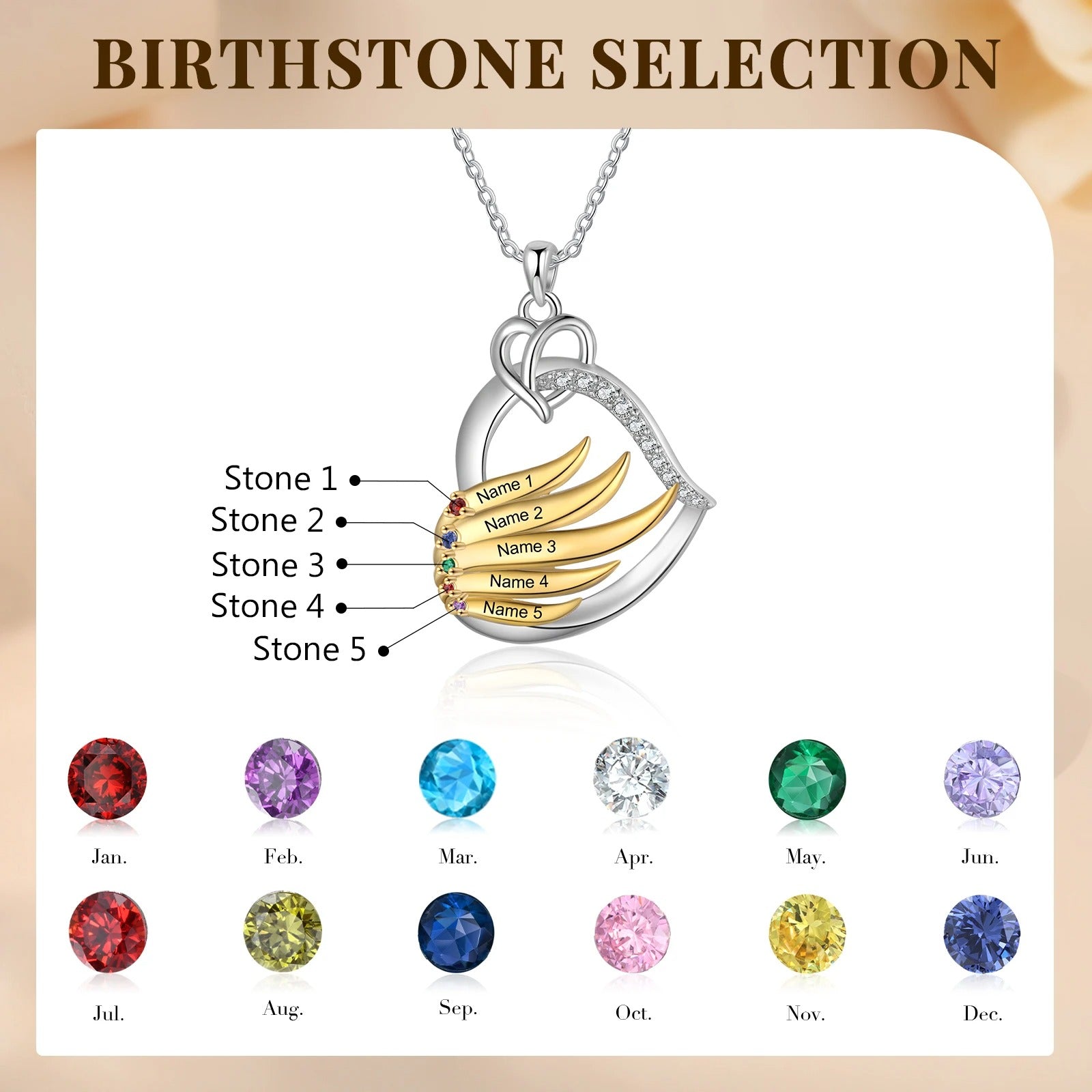 Birthstone Customized Engraveable Name Heart Pendant Necklace - Abrahamallen