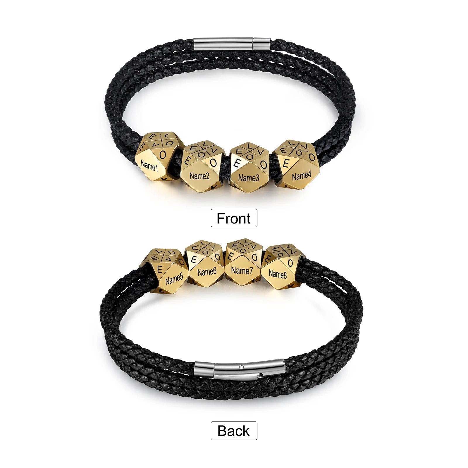 Personalized Engraveable Name Custom 2 Sides Leather Gold Color Beads Bracelets - Abrahamallen